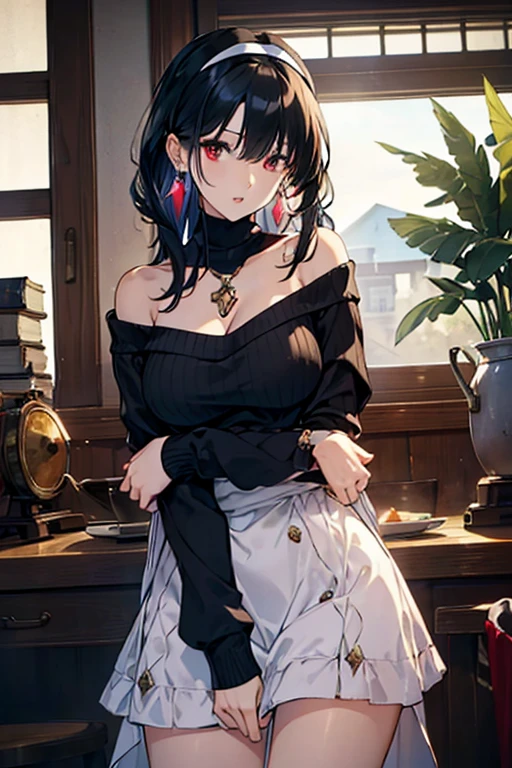 masterpiece, yor, 1girl, Amazing Cleavage:1.3, thin waist, big ass, Raised sexy, medium breast: 1.3 posed cleavage:1.2、solo, looking at viewer, open mouth, have a cup of coffee,black hair, red eyes, dress, bare shoulders, jewelry, collarbone, sidelocks, hairband, earrings, indoors, off shoulder, :o, sweater, arms behind back, plant, short hair with long locks, white hairband, off-shoulder dress, sweater dress, off-shoulder sweater, red sweater, big side hair, very long side hair,is rendered in (masterpiece: 1.2, best quality), with (ultra high resolution) and an exquisite (depth of field). This masterpiece is not only visually stunning but also tells, make of cooking some cakes ,in the kitchen