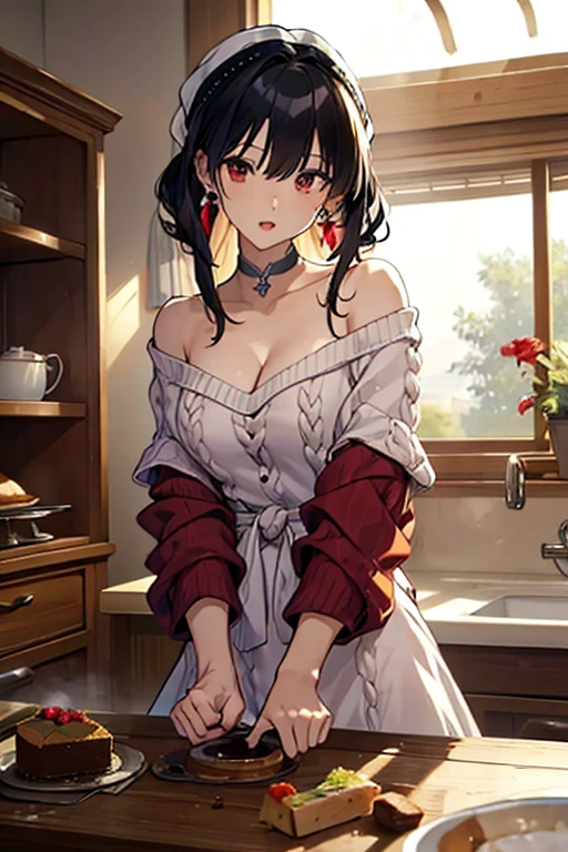 masterpiece, yor, 1girl, Amazing Cleavage:1.3, thin waist, big ass, Raised sexy, medium breast: 1.3 posed cleavage:1.2、solo, looking at viewer, open mouth, have a cup of coffee,black hair, red eyes, dress, bare shoulders, jewelry, collarbone, sidelocks, hairband, earrings, indoors, off shoulder, :o, sweater, arms behind back, plant, short hair with long locks, white hairband, off-shoulder dress, sweater dress, off-shoulder sweater, red sweater, big side hair, very long side hair,is rendered in (masterpiece: 1.2, best quality), with (ultra high resolution) and an exquisite (depth of field). This masterpiece is not only visually stunning but also tells, make of cooking some cakes ,in the kitchen