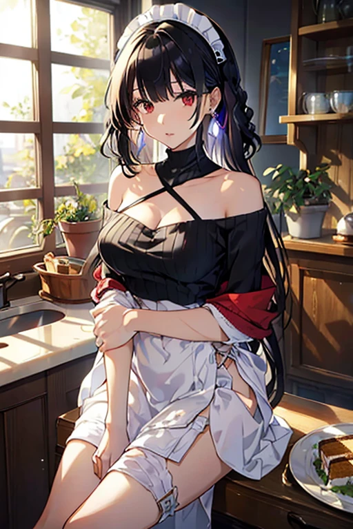 masterpiece, yor, 1girl, Amazing Cleavage:1.3, thin waist, big ass, Raised sexy, medium breast: 1.3 posed cleavage:1.2、solo, looking at viewer, open mouth, have a cup of coffee,black hair, red eyes, dress, bare shoulders, jewelry, collarbone, sidelocks, hairband, earrings, indoors, off shoulder, :o, sweater, arms behind back, plant, short hair with long locks, white hairband, off-shoulder dress, sweater dress, off-shoulder sweater, red sweater, big side hair, very long side hair,is rendered in (masterpiece: 1.2, best quality), with (ultra high resolution) and an exquisite (depth of field). This masterpiece is not only visually stunning but also tells, make of cooking some cakes ,in the kitchen