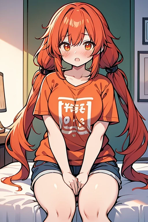 girl、high 、Red hair、((Half Twin Tail))、long hair、Orange Eyes、Thick thighs、((G-Cup))、Blushing、Face in a daze、((highest quality))、Anime Style、Bedroom、Loungewear、T-Shirts、Shorts