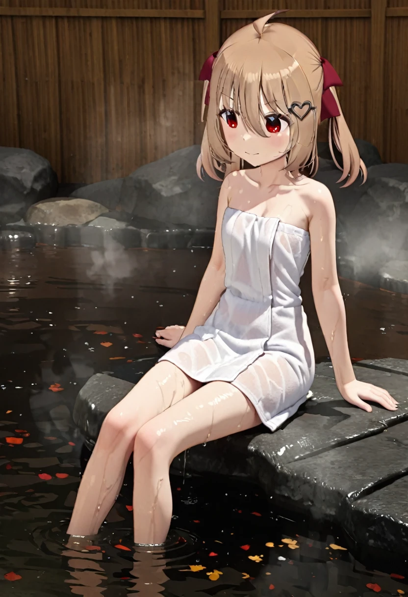 1girl, evil neuro-sama, (yuzu modoki), red eyes, light brown hair, ahoge, two side up, hair ribbon, dark red ribbon, heart hair ornament, (masterpiece, best quality), highly detailed, finely detailed, natural lighting, detailed scenery, (3d render:0.7), naked towel, wet, steam, outside, onsen, sitting, wet towel,