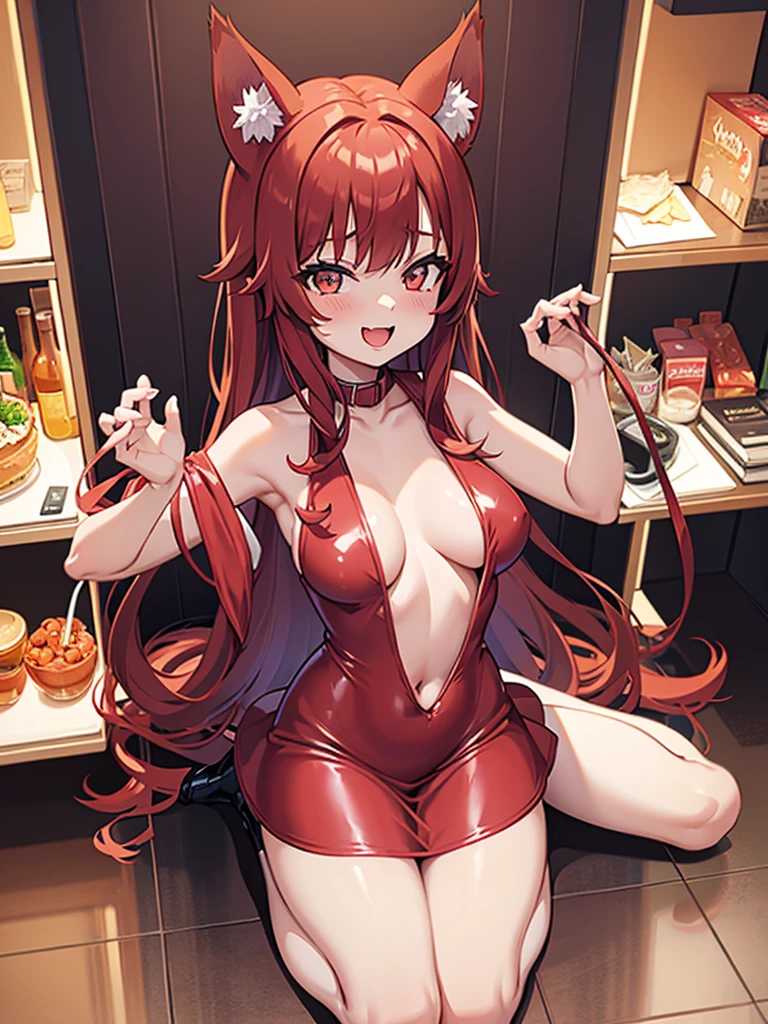 Happy woman, with wolf ears and red hair, holding her cheeks, wolf tail, wearing a latex dress, looking at veiwer, full body, you can see her chest, naked breasts