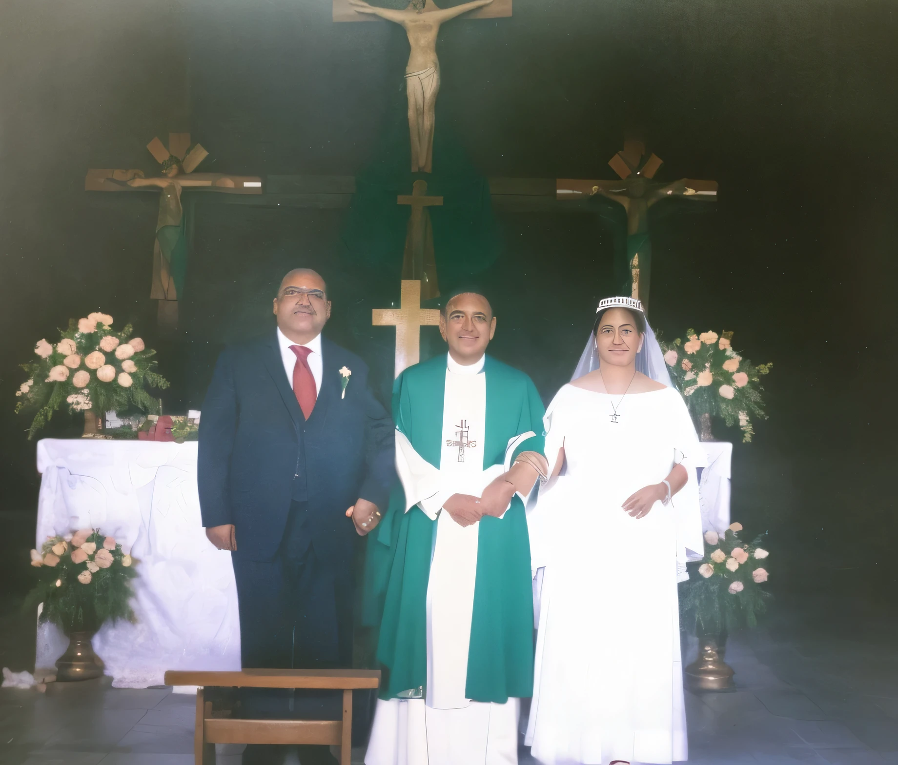 there are three people holding hands standing in front of a cross with a priest, jose miguel roman frances, religion, standing in front of the altar, holy ceremony, solis sacerdotibus, celebrating an illegal marriage, decorated, holy, center, wedding photo, in church, wedding, pilar, from left, salustiano garcia cruz, enhanced photo