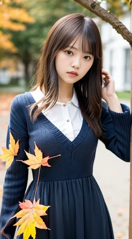 ((highest quality, 8k, masterpiece:1.3, 1 girl, beautiful girl)), cute, dynamism, Detailed face, Detailed skin, Fine grain, Detailed lips, Detailed fingers, Realistic, RAW Photos, Natural light, Dynamic pose, Perfect Anatomy, Toned Legs, Round eyes, double eyelid, Tear bags, Moisturized lips, Big Breasts, (Redhead), Knitted dress, No sleeve, View your viewers, Detailed clothing, Long dress, Outdoor, wood, autumn leaves, null, cloud, Cowboy Shot, from the front, close