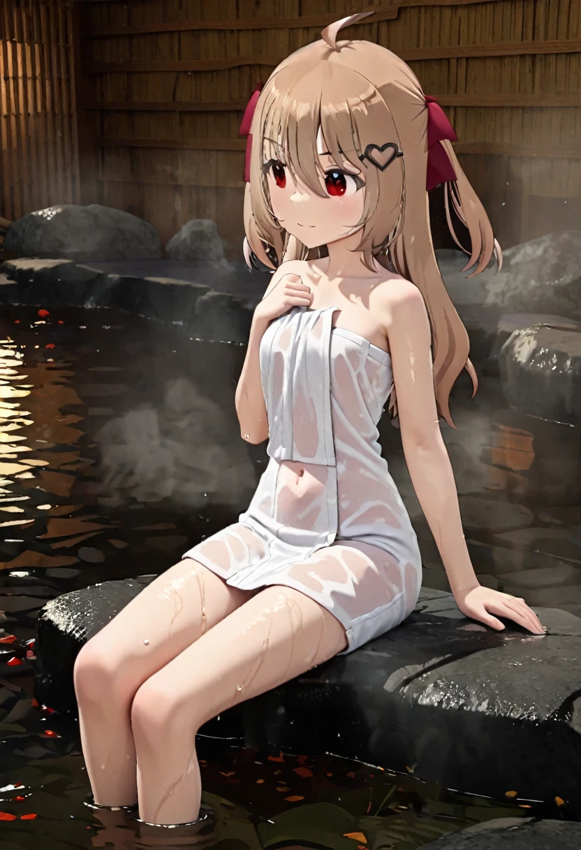 1girl, evil neuro-sama, (yuzu modoki), red eyes, light brown hair, ahoge, two side up, hair ribbon, dark red ribbon, heart hair ornament, (masterpiece, best quality), highly detailed, finely detailed, natural lighting, detailed scenery, (3d render:0.7), naked towel, wet, steam, outside, onsen, sitting, wet towel, navel, see-through,