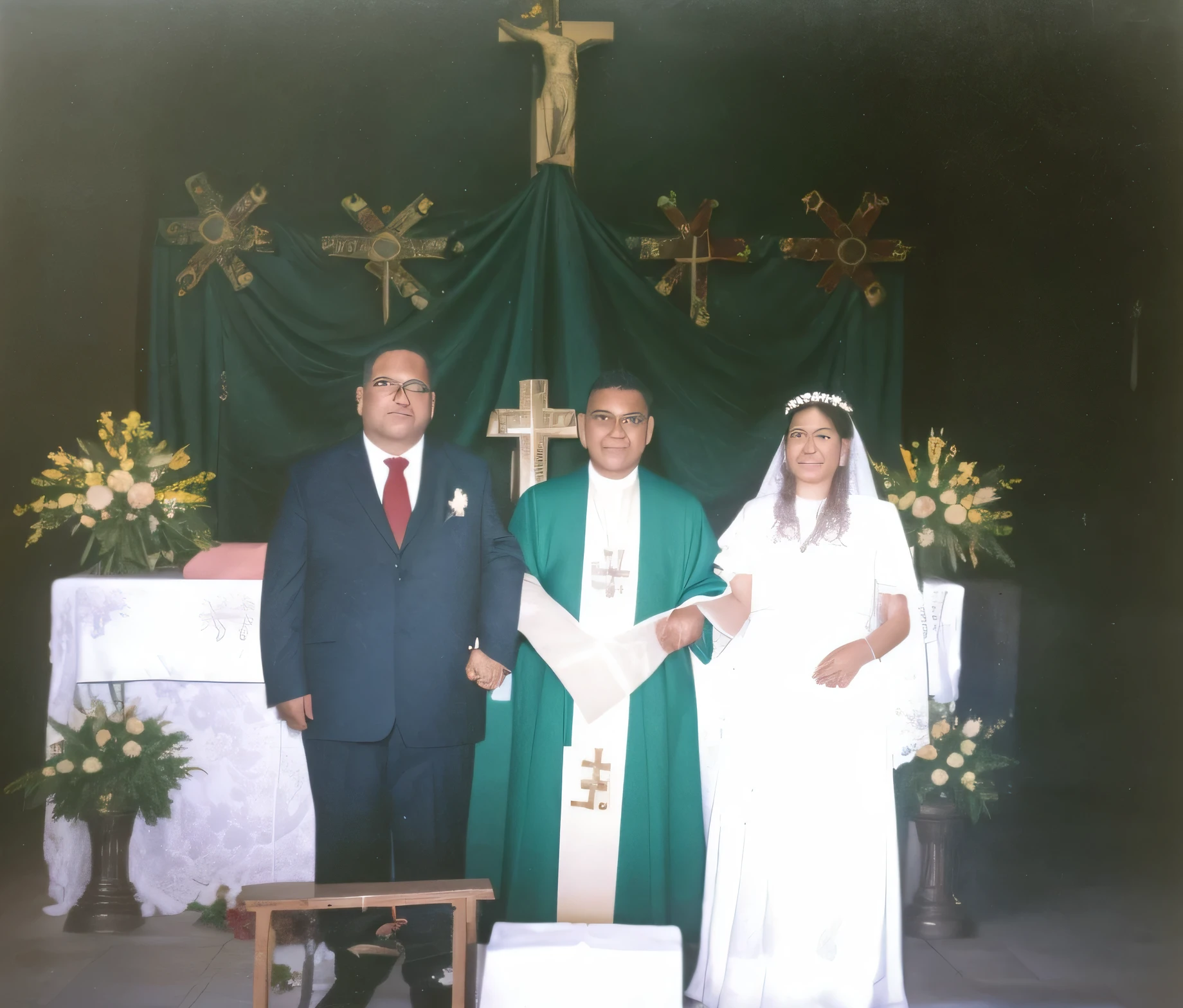 there are three people holding hands standing in front of a cross with a priest, jose miguel roman frances, religion, standing in front of the altar, holy ceremony, solis sacerdotibus, celebrating an illegal marriage, decorated, holy, center, wedding photo, in church, wedding, pilar, from left, salustiano garcia cruz, enhanced photo