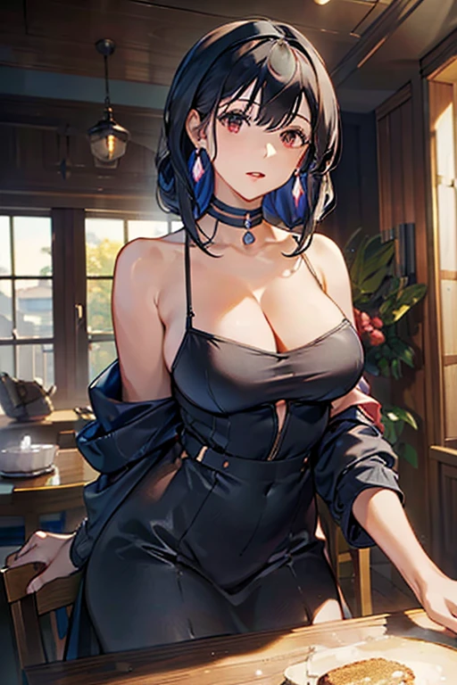 masterpiece, yor, 1girl, Amazing Cleavage:1.3, thin waist, big ass, Raised sexy, medium breast: 1.3 posed cleavage:1.2、solo, looking at viewer, open mouth, have a cup of coffee,black hair, red eyes, dress, bare shoulders, jewelry, collarbone, sidelocks, hairband, earrings, indoors, off shoulder, :o, sweater, arms behind back, plant, short hair with long locks, white hairband, off-shoulder dress, sweater dress, off-shoulder sweater, red sweater, big side hair, very long side hair,is rendered in (masterpiece: 1.2, best quality), with (ultra high resolution) and an exquisite (depth of field). This masterpiece is not only visually stunning but also tells, make of cooking some cakes ,in the kitchen