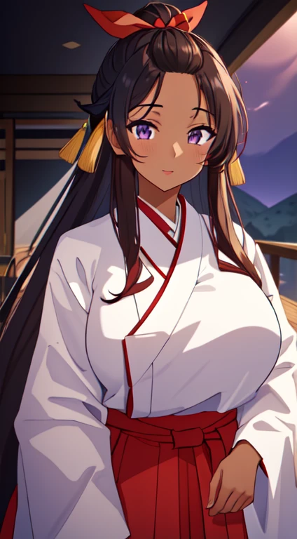 masterpiece, best quality, anime Illustration, 4k, 1 girl, solo, standing, long hair, black hair, violet eyes, high ponytail, red hair ribbon, red ribbon, red hakama and white kimono, big breasts, huge breasts, looking_at_viewer, lewd, mischievous grin, upper_body, dark skin, ((Village background:1.0)), ((dark skin: 1.5)), , ((parted bangs: 1.4)),  parted bangs, large forehead, purple eyes, red hakama,