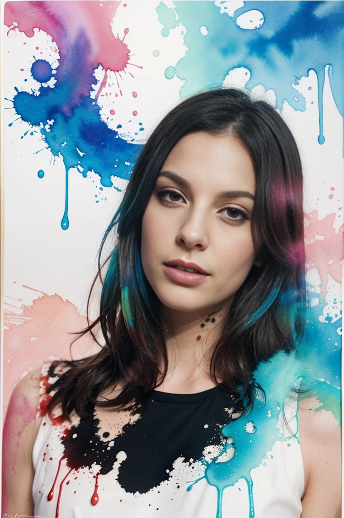 realistic photo of MilanaVayntrub, ink splash, colorful, watercolor