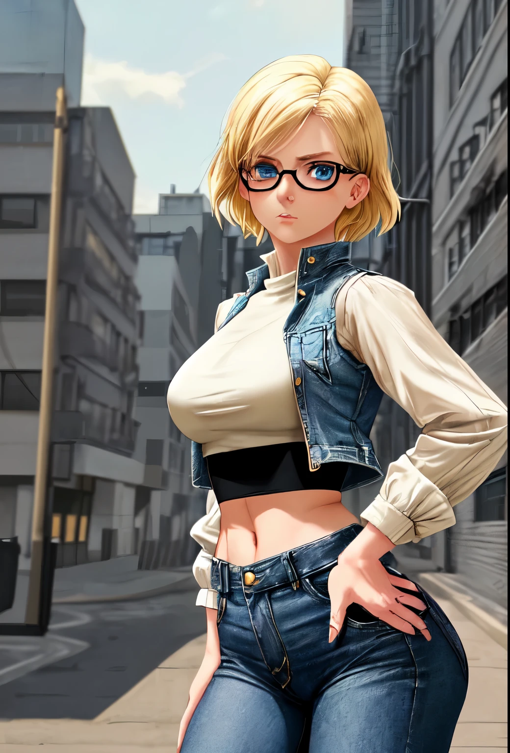 An 18 anime character, big blue eyes, young woman stands confidently against a background of buildings, her hands casually stuffed into the pockets of her high-waisted jeans. Her short blonde hair frames her face as she looks directly into the camera with a serious expression. She is dressed in a layered outfit consisting of a black crop top and a denim vest on top, paired with beige pants that add a touch of elegance to her casual look. The contrast between her outfit and the background creates an interesting visual dynamic.