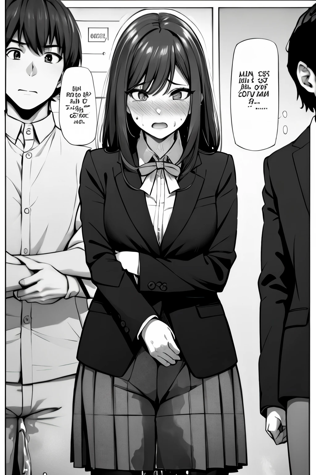 A woman with long black hair, wearing a business outfit consisting of a suit, pencil skirt, and pantyhose, stands in a monochrome setting. The artwork is inspired by manga and incorporates a doujin style. The woman appears to be (wetting herself:1.5), which causes her to feel embarrassed and humiliated, resulting in a blush on her face. In addition, there is an air of anger in her expression. The lighting in the scene is moody, with a spotlight highlighting the woman's figure. She is crossing her arms, (arms crossed:1.5), fully showcasing her skirt., medium breasts