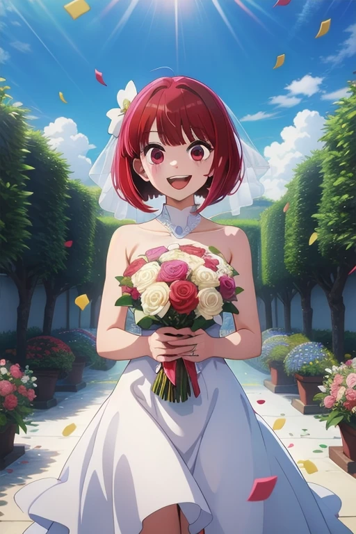masterpiece, best quality, highres, akana, short hair, red eyes,wedding dress, white dress, garden, holding bouquet, smile, open mouth, confetti,Shoulder Bare、
