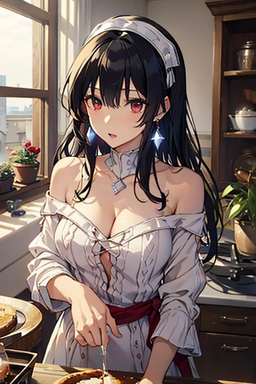 masterpiece, yor, 1girl, Amazing Cleavage:1.3, thin waist, big ass, Raised sexy, medium breast: 1.3 posed cleavage:1.2、solo, looking at viewer, open mouth, have a cup of coffee,black hair, red eyes, dress, bare shoulders, jewelry, collarbone, sidelocks, hairband, earrings, indoors, off shoulder, :o, sweater, arms behind back, plant, short hair with long locks, white hairband, off-shoulder dress, sweater dress, off-shoulder sweater, red sweater, big side hair, very long side hair,is rendered in (masterpiece: 1.2, best quality), with (ultra high resolution) and an exquisite (depth of field). This masterpiece is not only visually stunning but also tells, make of cooking some cakes ,in the kitchen