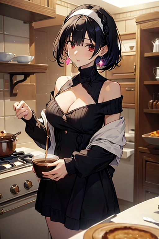 masterpiece, yor, 1girl, Amazing Cleavage:1.3, thin waist, big ass, Raised sexy, medium breast: 1.3 posed cleavage:1.2、solo, looking at viewer, open mouth, have a cup of coffee,black hair, red eyes, dress, bare shoulders, jewelry, collarbone, sidelocks, hairband, earrings, indoors, off shoulder, :o, sweater, arms behind back, plant, short hair with long locks, white hairband, off-shoulder dress, sweater dress, off-shoulder sweater, red sweater, big side hair, very long side hair,is rendered in (masterpiece: 1.2, best quality), with (ultra high resolution) and an exquisite (depth of field). This masterpiece is not only visually stunning but also tells, make of cooking some cakes ,in the kitchen