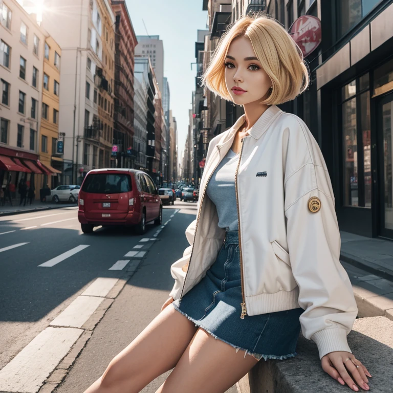 photo of, beauty girl, blonde, bob haircut, white short jacket, denim skirt, street style, spring season, beauty essence, golden hour lighting, soft warm glow, city fashion, trendy outfit, streetwear elegance, blooming surroundings, relaxed pose, fashion statement, chic urban look, gentle spring breeze, glowing sunlight, casual grace, stylish feminine charm, clear blue sky, vibrant city life backdrop, natural beauty, fashionable spring attire, aesthetic pleasure