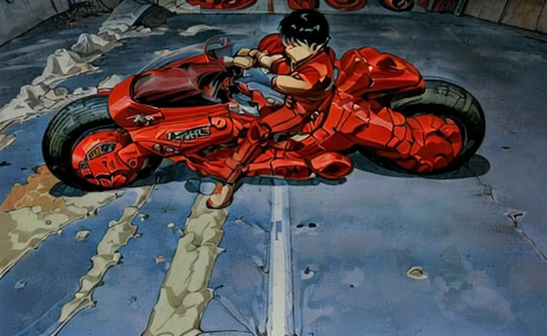 Ride a motorcycle and draw anime、Slide sideways,((Slide))、 (((( Akira Kaneda skids to stop his bike)))),((((The scene where he puts out his left foot and leans the bike to the left, kicking up dust from the tire and his foot as he stops.)))),,