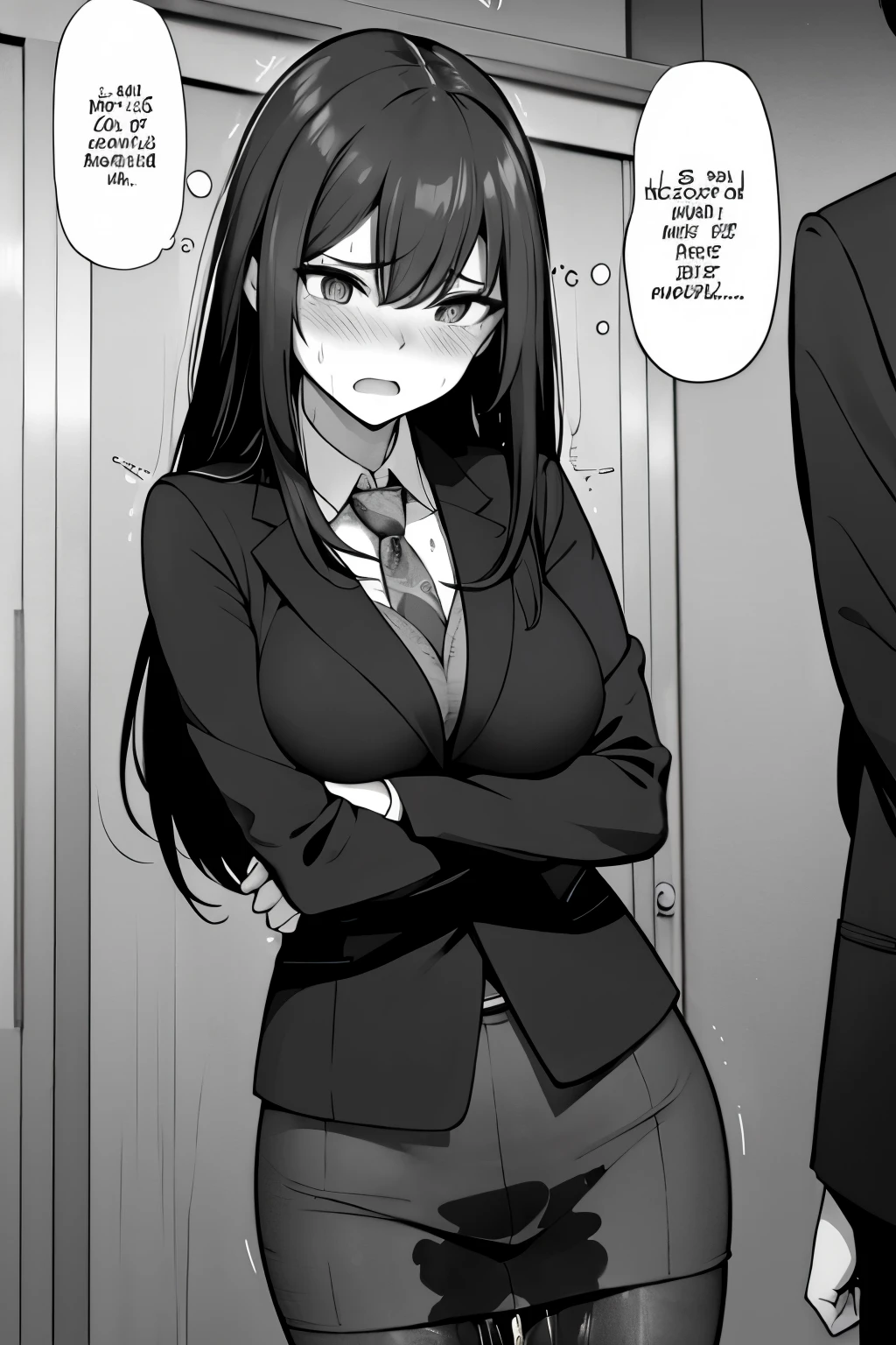 A woman with long black hair, wearing a business outfit consisting of a suit, pencil skirt, and pantyhose, stands in a monochrome setting. The artwork is inspired by manga and incorporates a doujin style. The woman appears to be (wetting herself:1.5), which causes her to feel embarrassed and humiliated, resulting in a blush on her face. In addition, there is an air of anger in her expression. The lighting in the scene is moody, with a spotlight highlighting the woman's figure. She is crossing her arms, (arms crossed:1.5), fully showcasing her skirt., medium breasts