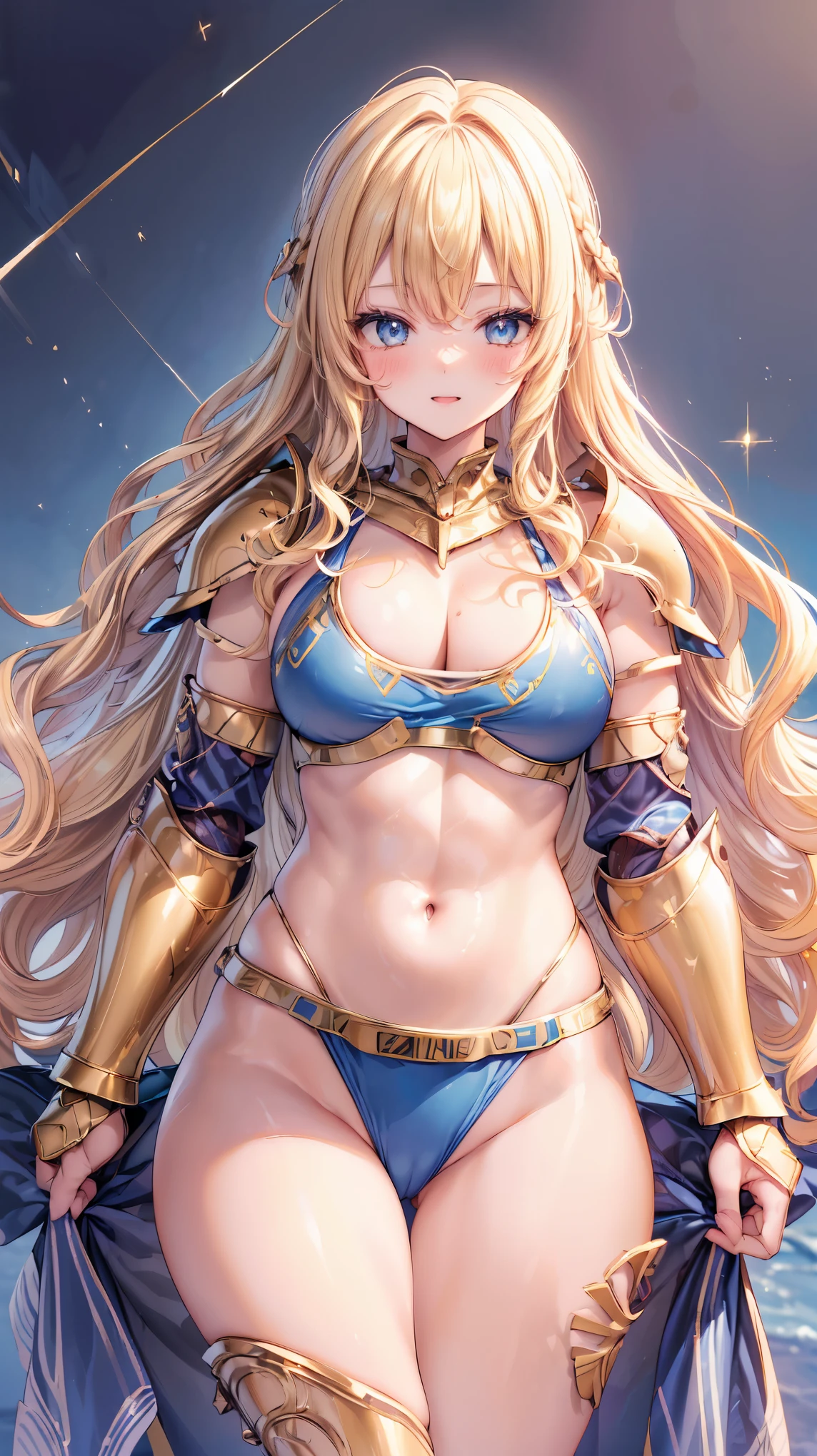 Very detailed、highest quality、Best image quality、masterpiece、8k、Anime Face、A kind smile、Open your mouth、Sparkling blue eyes、(Blonde wavy hair:1.5)、、Muscles of the whole body、camisole、Thigh belt、mini skirt、(Wearing gold bikini armor:1.5)、(Cowboy Shot:1.5)、(Leg armor:1.5)