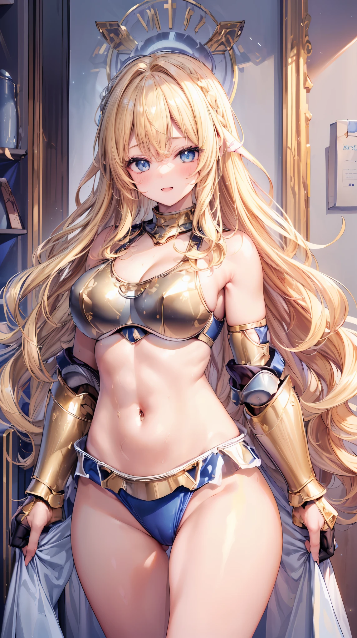 Very detailed、highest quality、Best image quality、masterpiece、8k、Anime Face、A kind smile、Open your mouth、Sparkling blue eyes、(Blonde wavy hair:1.5)、、Muscles of the whole body、camisole、Thigh belt、mini skirt、(Wearing gold bikini armor:1.5)、(Cowboy Shot:1.5)、(Leg armor:1.5)