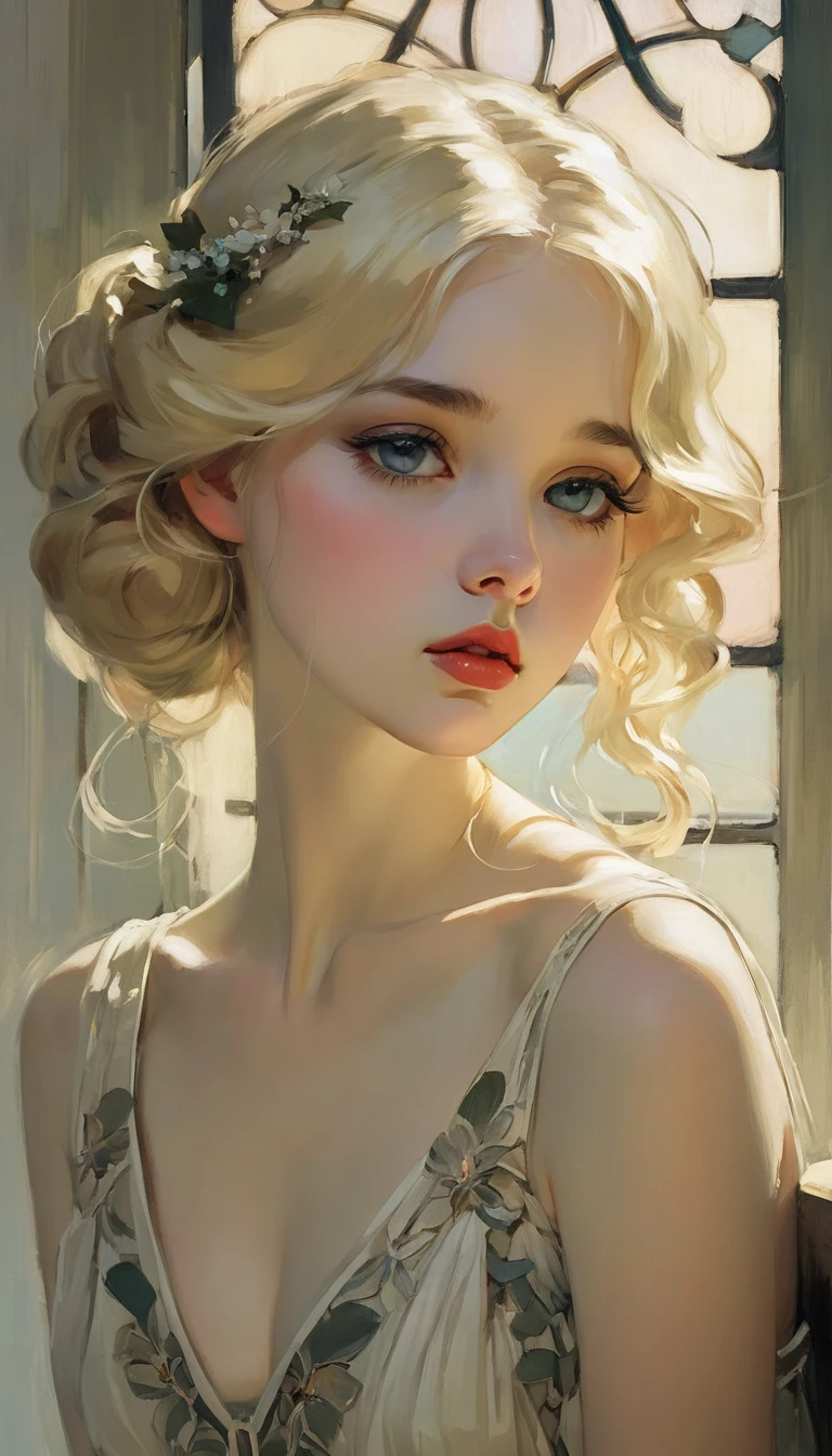 (best quality,realistic:1.2),ultra-detailed,blonde hair,Malcolm Liepke style,mucha,frontage,1girl,black hair,long hair,detailed eyes,detailed lips,closed mouth,emotional painting,pale color palette,soft brushstrokes,sensuous,expressive,graceful,subtle light and shadows,quiet contemplation,vintage aesthetic,romantic atmosphere,wistful,serene ambiance,captivating gaze,graceful pose,delicate features,dreamlike quality,ethereal beauty,subdued tones,delicate skin texture,classic elegance,sublime composition,masterful technique,impressionistic,radiant energy,subtle emotion,intricate details,subdued color scheme,soft and gentle,subtle facial expression