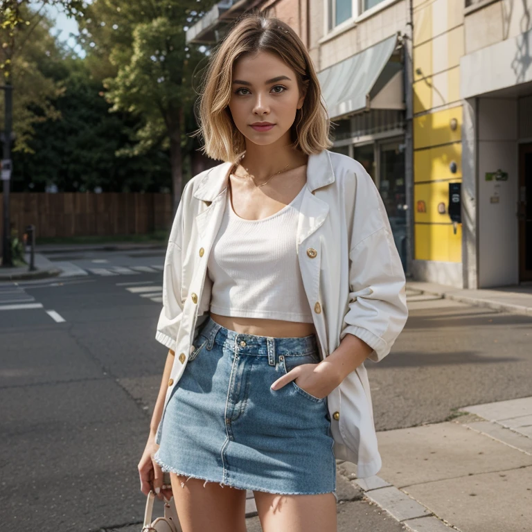 photo of, beauty girl, blonde, bob haircut, white short jacket, denim skirt, street style, spring season, beauty essence, golden hour lighting, soft warm glow, city fashion, trendy outfit, streetwear elegance, blooming surroundings, relaxed pose, fashion statement, chic urban look, gentle spring breeze, glowing sunlight, casual grace, stylish feminine charm, clear blue sky, vibrant city life backdrop, natural beauty, fashionable spring attire, aesthetic pleasure