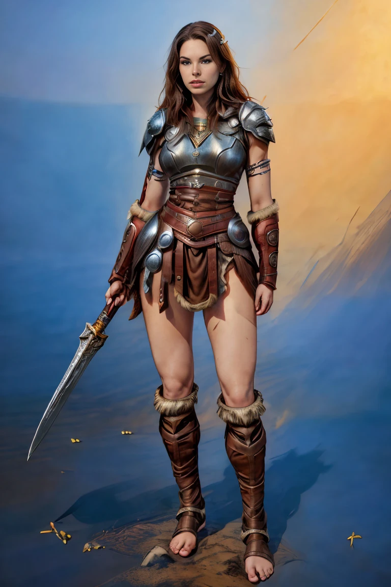 ((Full body photo, standing, feet on the ground)) Alison Tyler as an Asgardian Valkyrie, blue eyes, long brown hair, perfect body, Lady Knight, Correct Anatomy, holding a great magic sword, epic fantasy digital art, masterpiece, 8k, high definition resolution, detailed design, superior quality, epic composition

