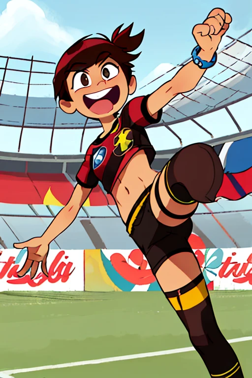 ((Obra maestra,mejor calidad)), absurdos,
molly mcgee, 1 chica, solo, By the chestnut, pulsera, Short Deportivo, Soccer shirt with Venezuela flag logo, cola de caballo, Polainas negras, ,Brown eyes, sonriente, Playing a game of soccer and kicking a soccer ball Soccer