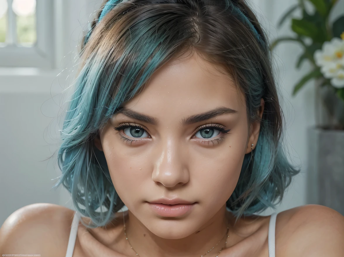 young pretty white girl with light blue hair, cut hairstyle, perfect detailed face, Hot-top model, Detailed symmetrical light green eyes with round irises, Beautiful, Walking and posing, Look at the observer, 19-year-old girl, looks like Madison Beer, extremely detailed face, Instagram model, hourglass figure, Realistic, Real life, perfect photorealistic picture, Realistic, Stunning realistic photography, Detailed fingers, detailed realistic face, Soft fingers, real human nails, Extremely attractive girl, perfect detailed tan, small eyes, perfectly detailed face with realistic complexion and finely porous skin, small nose, Model, detailed symmetrical eyeballs, symmetric eyes, Realistic eyeballs, Realistic detailed eyes, cute plump closed lips, makeup, Perfect proportional body, seductive gaze, Looking in the direction of the viewer, Fascinating facial features, perfect body, realistic shadows, 8K, UHD, "wide-angle", tempt a little, Cinematic world, Stunning full-color, Cinematic, neoprene, stylized digital art, Smooth, extra high resolution, sexy look, instagram, 80mm