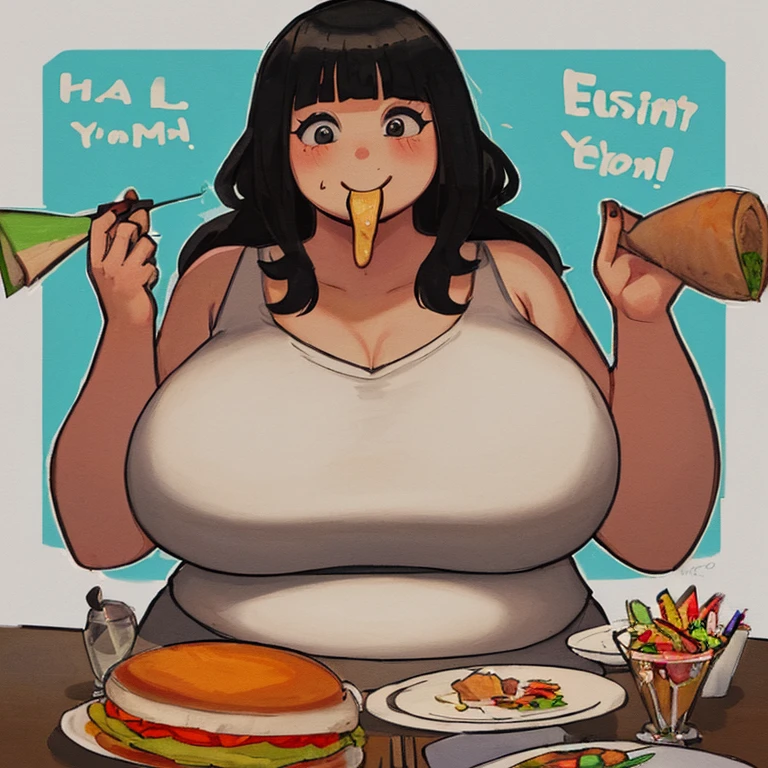 Draw me a fat women who eat a lot of food