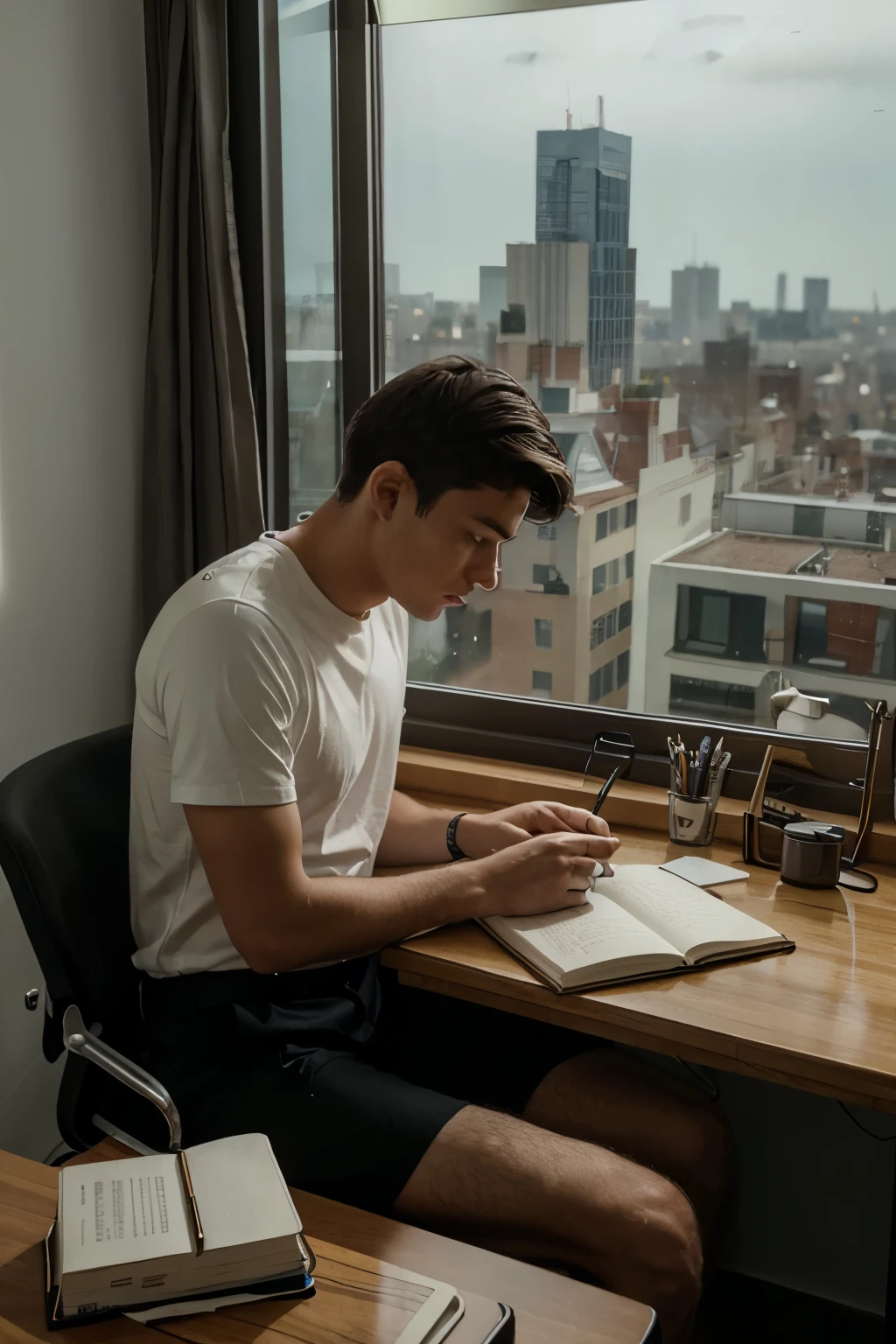 the young man study in his room, he lives on the top floor of the tower and his room window has a view of the city ,the weather is rainy,he sit on the chair,he behind the desk.he write his note book .his laptob is on the desk,the study light on the desk,a cup of coffee on the desk,flower in his room,smooth skin,His face is towards the window,His hands are hairless
