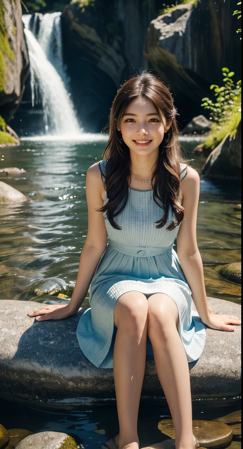 (best quality,ultra-detailed,realistic:1.37),portraits,beautiful young girl,youthful female model,riverbank and rocks or temple or bridge,Sweet girl clothes4, Libra dress,jewelry,sitting under a waterfall,sitting posture,sitting on a rock,drenched all over,masterpiece,extremely detailed description,super fine painting,detailed face,slim figure,long legs,playing in the water,smiling,bright smile