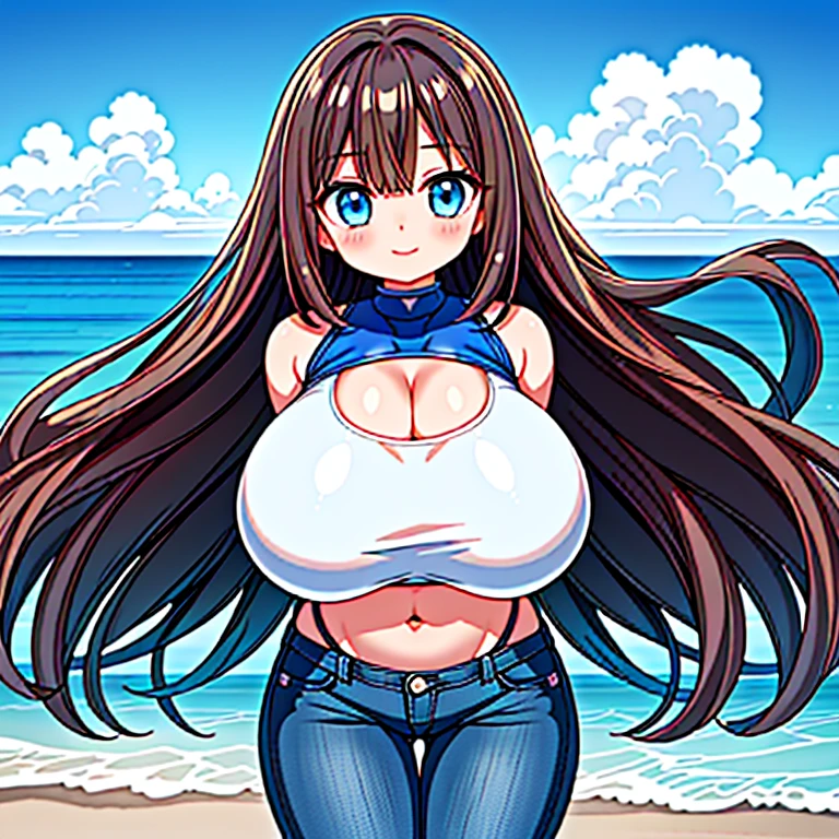 (on the Beach:2.0),((((Long hair:1.3,Dark-Brown hair:1.5))),(Beautiful Blue eyes:2.0),((beautiful detailed eyes:2.0)),((ultra-detailed face:2.0)), (1girl:1.5),(Smile Beam:1.5),((excessively Large breasts:2.0)),((Excessively overinflated breasts:2.0)), ((cleavage:2.0)),((Incredibly Huge Thighs:2.0)),((Very tight, DarkBlue Spandex Crop-top:2.0)),((worn Jeans:2.0)), (18 years-old), masterpiece, hyper quality, very detailed, perfect anatomy,8k,High resolution, seductive anime girl, sporty hairstyle, beautiful ocean background, thick anime thighs,