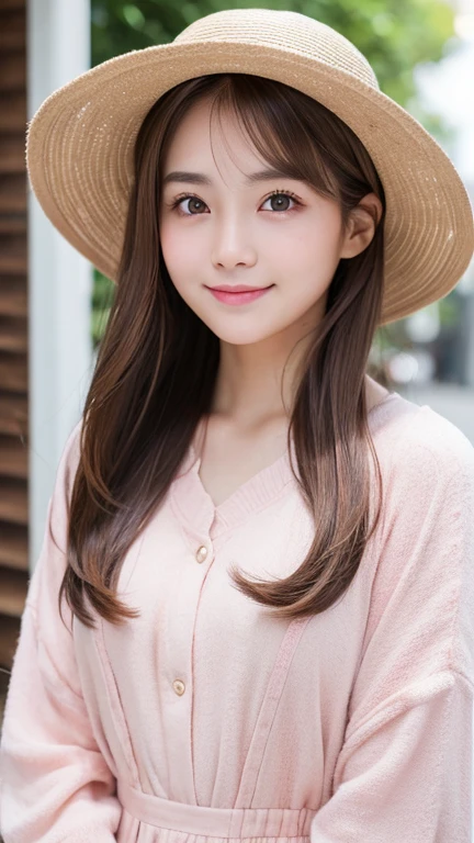 Brown Hair,Medium Hair,20-year-old female, With the correct face, Cute natural smile, Japanese facial features, A clean and cute face, Realistic portraits, 8K Photo, Soft Makeup,Natural skin texture,Raw photo,highest quality,Full Body Shot,hat,Pink clothes