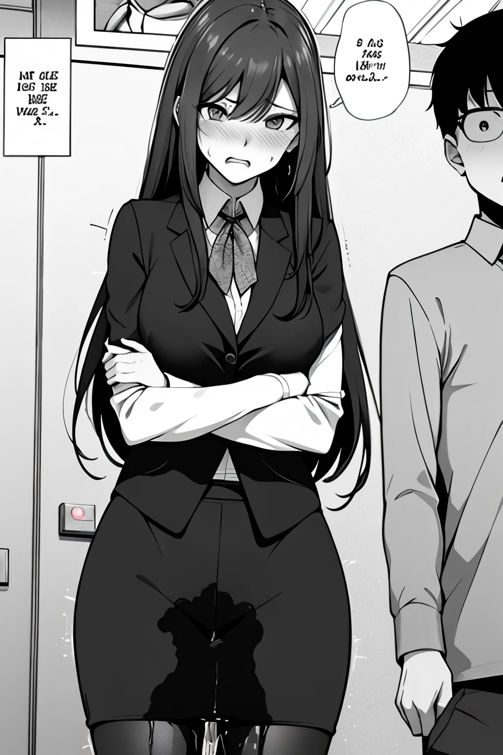 A woman with long black hair, wearing a business outfit consisting of a suit, pencil skirt, and hose, stands in a monochrome setting. The artwork is inspired by manga and incorporates a doujin style. The woman appears to be (wetting herself:1.5), which causes her to feel embarrassed and humiliated, resulting in a blush on her face. In addition, there is an air of anger in her expression. The lighting in the scene is moody, with a spotlight highlighting the woman's figure. She is crossing her arms, (arms crossed:1.5), fully showcasing her skirt., medium breas