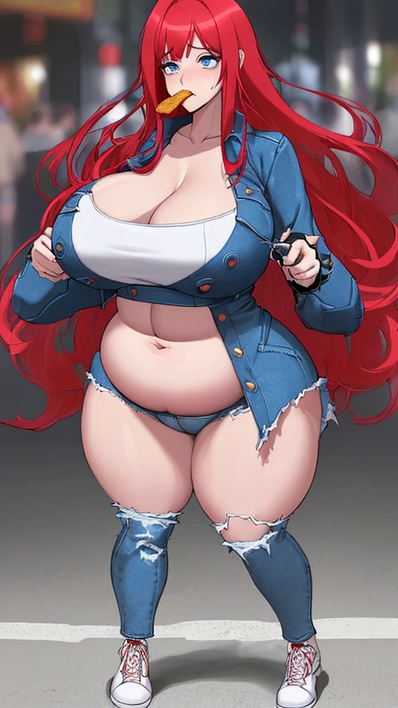 A Very Beautiful Female, Long crimson red Hair, vibrant Blue Eyes, Wears A Low-Cut Crop Top, Blue Jacket, Long Blue Ripped Jeans,White Shoes, massive_fat_round_tits, very deep_long_cleavage, very wide hips, chubby belly, thick thighs, strained buttons, tight strained clothes, she’s gaining weight, growing belly, she’s eating lots of fast food, stuffed belly, she can’t stop eating, she’s loving eating so much food, massive_fat_wide_round_tall_ass, shocked and embarrassed expression,