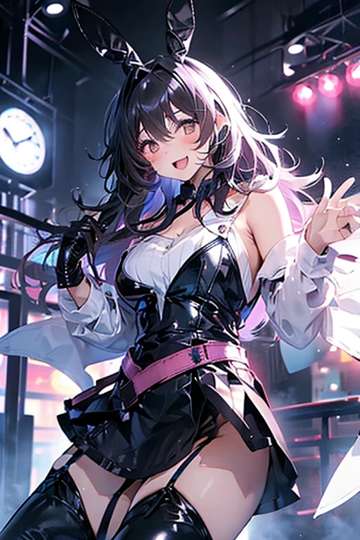 woman,20-year-old,,party venue,night,(((Bunny girl))),open mouth smile((leather thigh high boots))(garter belt),((black hair)),blush、surprised face,