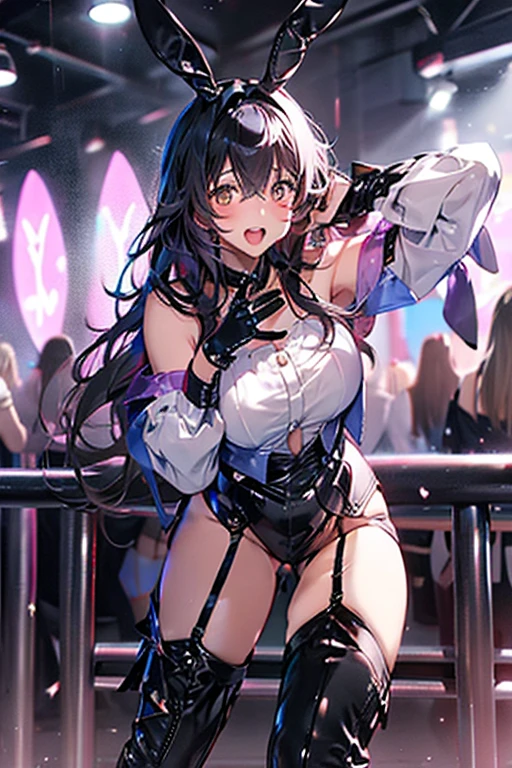 woman,20-year-old,,party venue,night,(((Bunny girl))),open mouth smile((leather thigh high boots))(garter belt),((black hair)),blush、surprised face,