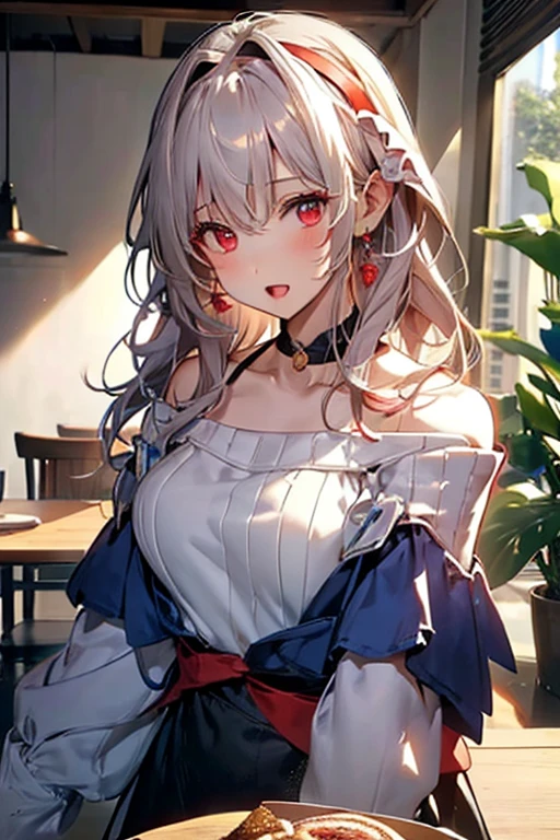 masterpiece, yor, 1girl, Amazing Cleavage:1.3, thin waist, big ass, Raised sexy, medium breast: 1.3 posed cleavage:1.2、solo, looking at viewer, open mouth, have a cup of coffee,black hair, red eyes, dress, bare shoulders, jewelry, collarbone, sidelocks, hairband, earrings, indoors, off shoulder, :o, sweater, arms behind back, plant, short hair with long locks, white hairband, off-shoulder dress, sweater dress, off-shoulder sweater, red sweater, big side hair, very long side hair,is rendered in (masterpiece: 1.2, best quality), with (ultra high resolution) and an exquisite (depth of field). This masterpiece is not only visually stunning but also tells, make of cooking some cakes ,in the kitchen