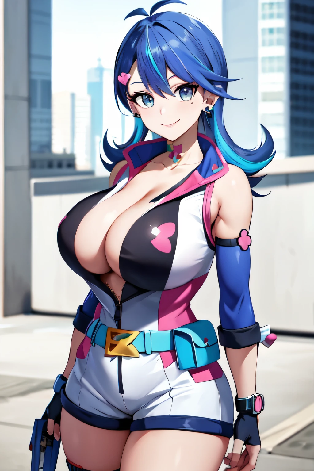 masterpiece, best quality, highres, hmbg, medium hair, multicolored hair, antenna hair, hair ornament, facial tattoo, heart earrings, sleeveless jacket, sleeveless, detached sleeves, fingerless gloves, belt, white shorts, standing, cowboy shot, smile, cleavage, open jacket, collarbone, large breasts, virtual world, city, thick