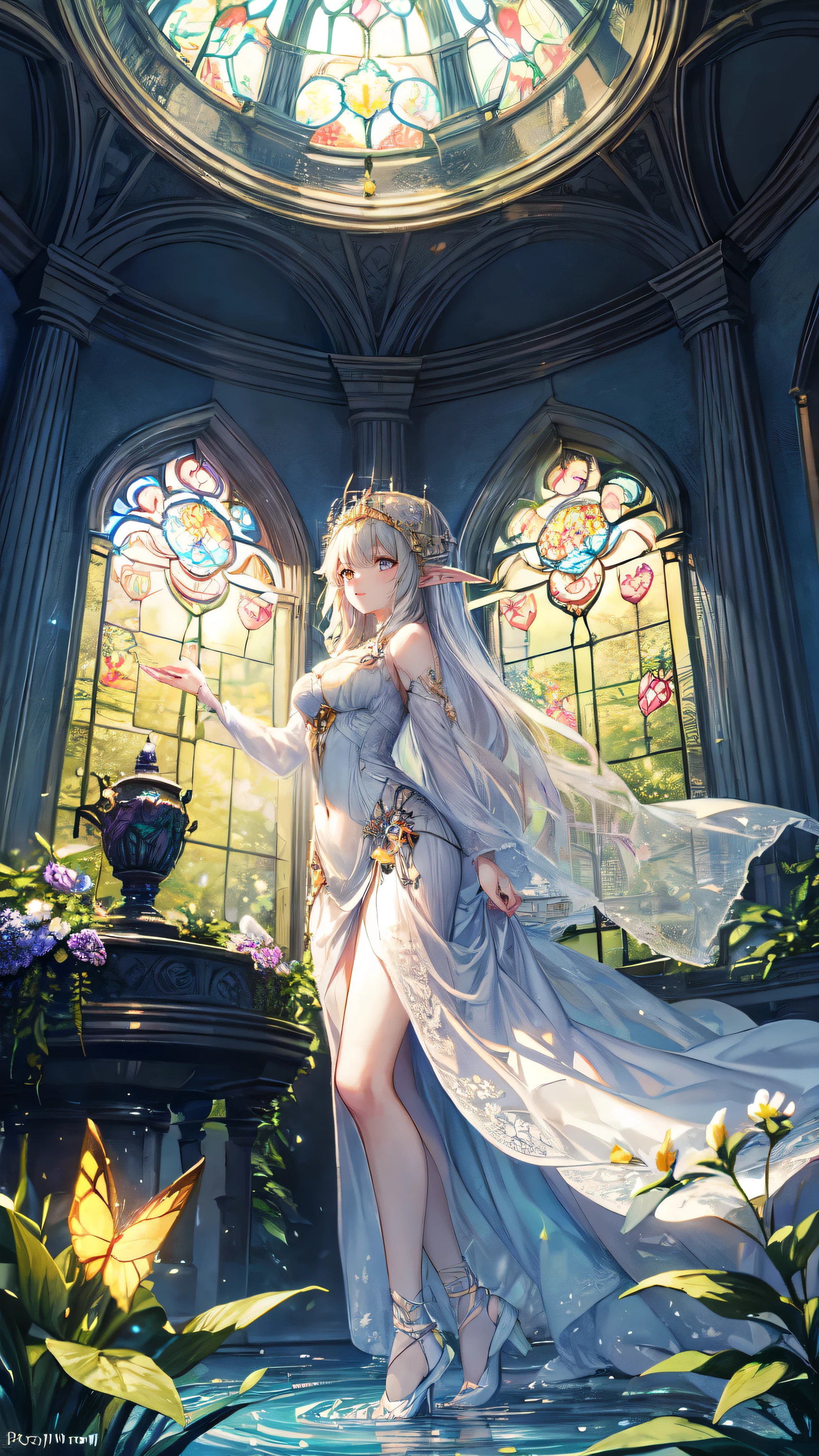 the queen of the light,detailed face,detailed eyes, dressed in a see-through dress, background is fantastic, flower garden, dome, colorful flowers, magical atmosphere, whimsical architecture, sunlight streaming through stained glass, butterflies dancing in the air, sparkling water fountains, lush greenery, vibrant colors, surreal landscape [best quality, highres], dreamlike scenery, ethereal beauty, soft lighting, enchanting ambience, elf woman