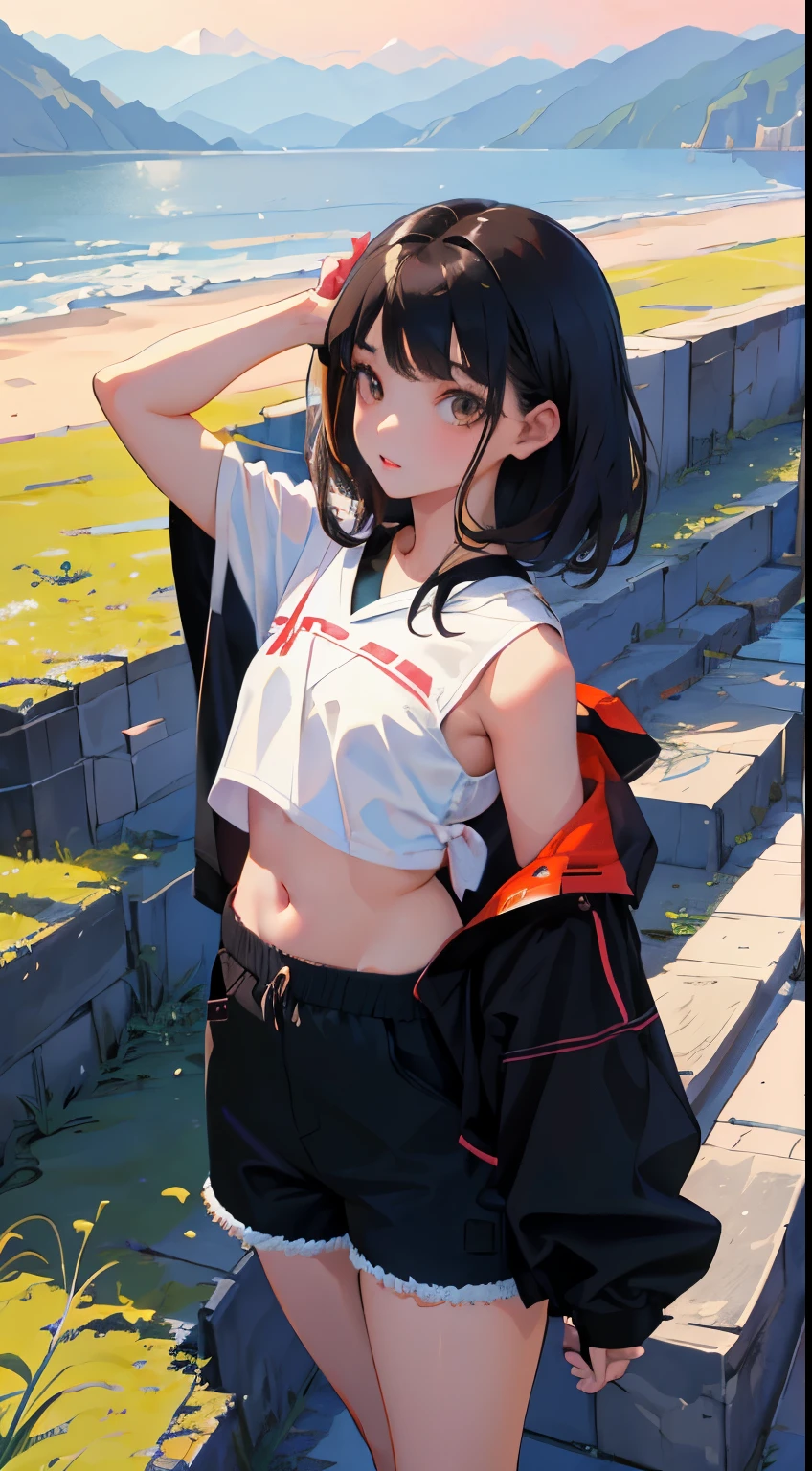 Anime girl with black hair and white shirt posing on steps - SeaArt AI