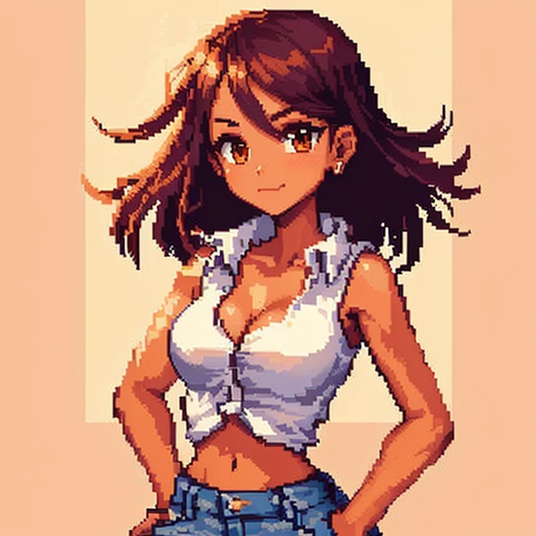 a pixel art of a woman in a white shirt and jeans, #pixelart:3, # pixelart, #pixelart, /r/pixelart, visual novel sprite, pixel art style, portrait pixel art drawing, pixelart, 🤤 girl portrait, detailed pixel artwork, 9 0 s anime art style, in the art style of 8 0 s anime