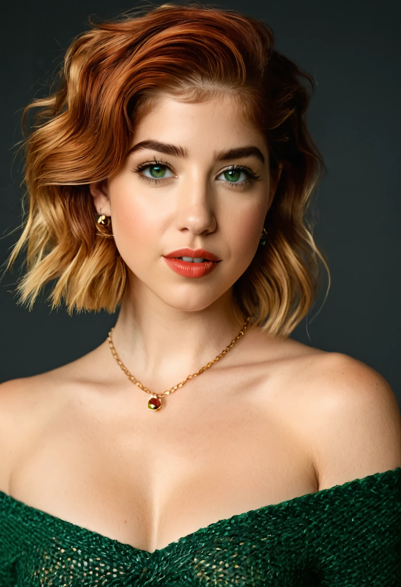 A photography of , warm colors , very detailed , realistic rendering , full body , Photorealistic style , Natural lighting, Woman (Imogen Poots:Emily Bett Rickards), 25 years old, curvy, red hair, Bob haircut, (wrinkled forhead), ((eyes brown-green)), rounded chin, fleshy lips, aquilin nose, Only, ((colossale tits)), looking at the viewer, bare shoulders, jewelry, whole body, necklace, off shoulder, sweater, realistic, flirting with camera