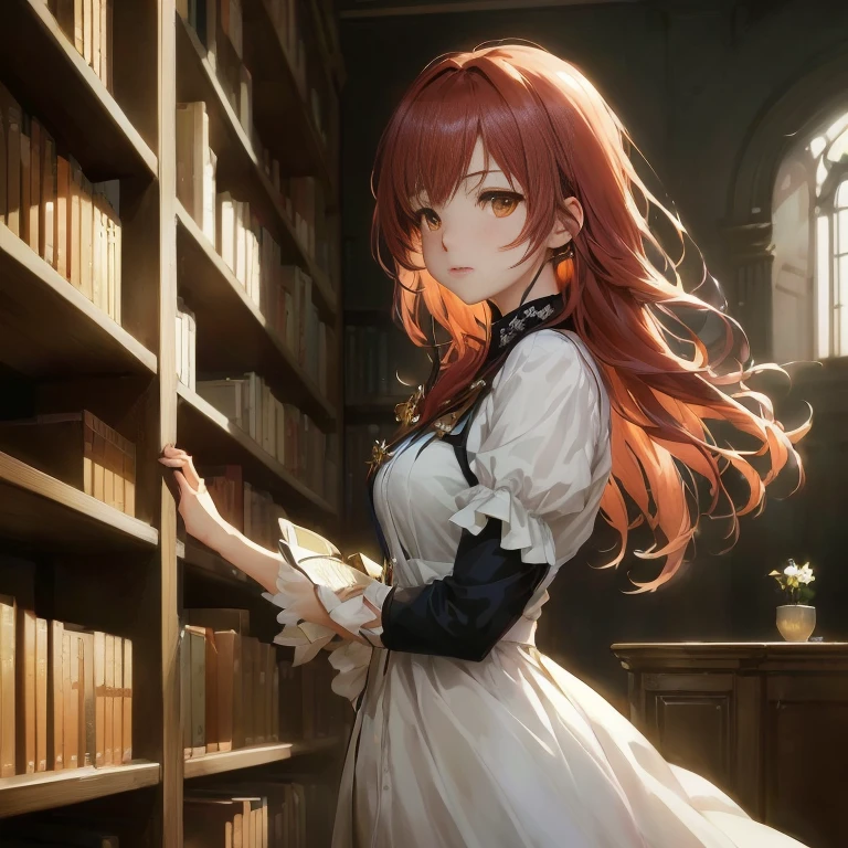 anime girl in a library with bookshelves and a window, epic light novel art cover, cushart krenz key art feminine, alchemist library background, rin, painted in anime painter studio, today's featured anime still, ethereal anime, official character art, visual novel key visual, anime visual of a cute girl, guweiz on pixiv artstation, library background