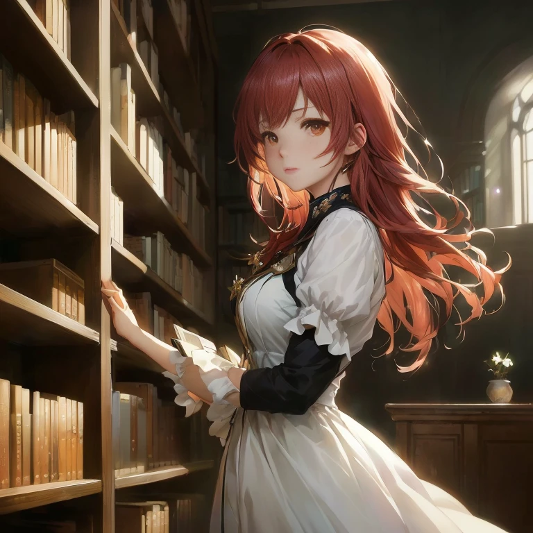 anime girl in a library with bookshelves and a window, epic light novel art cover, cushart krenz key art feminine, alchemist library background, rin, painted in anime painter studio, today's featured anime still, ethereal anime, official character art, visual novel key visual, anime visual of a cute girl, guweiz on pixiv artstation, library background