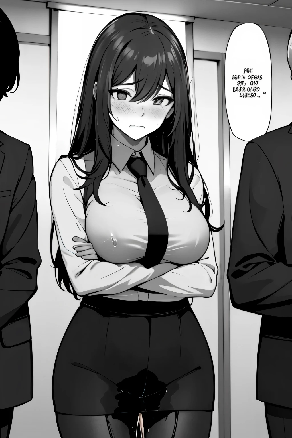 A woman with long black hair, wearing a business outfit consisting of a suit, pencil skirt, and pantyhose, stands in a monochrome setting. The artwork is inspired by manga and incorporates a doujin style. The woman appears to be (wetting herself:1.5), which causes her to feel embarrassed and humiliated, resulting in a blush on her face. In addition, there is an air of anger in her expression. The lighting in the scene is moody, with a spotlight highlighting the woman's figure. She is crossing her arms, (arms crossed:1.5), fully showcasing her skirt., medium breasts