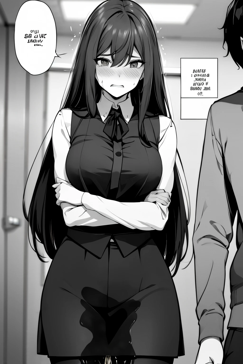 A woman with long black hair, wearing a business outfit consisting of a suit, pencil skirt, and pantyhose, stands in a monochrome setting. The artwork is inspired by manga and incorporates a doujin style. The woman appears to be (wetting herself:1.5), which causes her to feel embarrassed and humiliated, resulting in a blush on her face. In addition, there is an air of anger in her expression. The lighting in the scene is moody, with a spotlight highlighting the woman's figure. She is crossing her arms, (arms crossed:1.5), fully showcasing her skirt., medium breasts