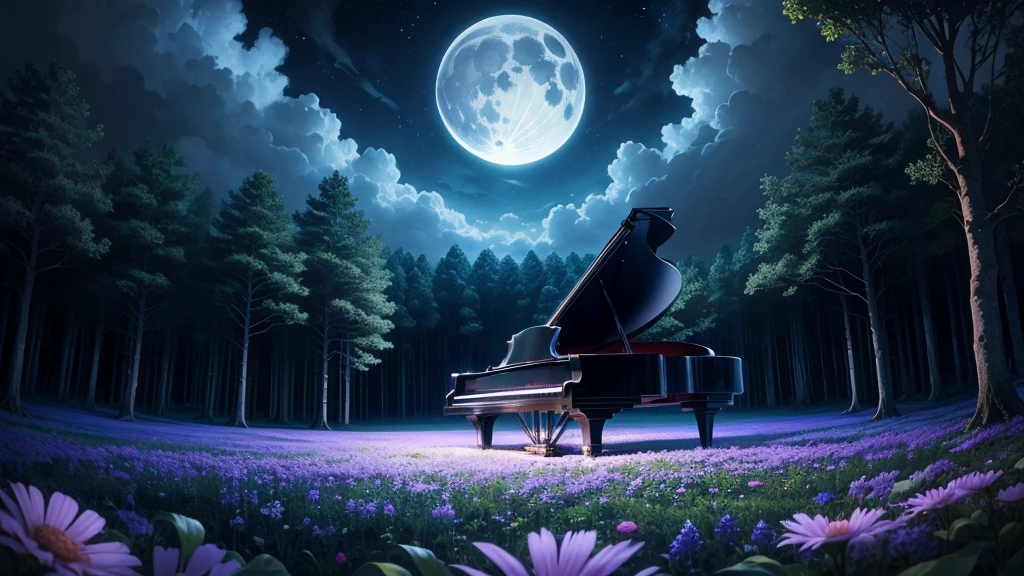 A grand piano in a forest flower field during blue hour with magnificent clouds and moonlight.