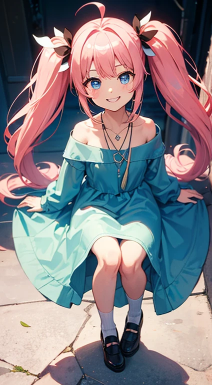 masterpiece, highest quality, High resolution,Anime Style、Characters from Tensura、Milim platinum pink hair(Twin tails:1:20)(Ahoge:1:10)、blue eyes、About 10 years old、naked、Smile with your mouth closed、The double tooth shines、Red on the neck、white、A necklace with a blue magatama、Border socks