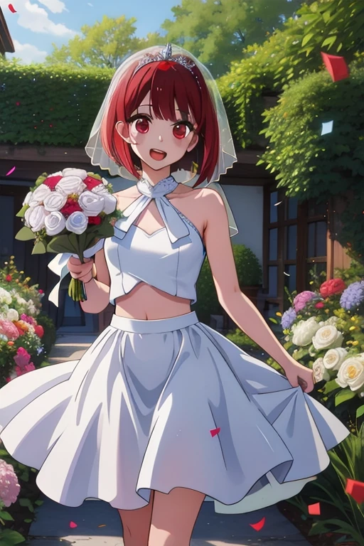 masterpiece, best quality, highres, akana, short hair, red eyes,wedding dress, white dress, garden, holding bouquet, open mouth, confetti,Shoulder Bare、midriff peek、bare legs、Long veil、(She showed off her panties:1.5)